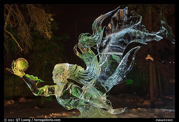 Prize winning single block ice sculpture at night, 2012 Ice Alaska. Fairbanks, Alaska, USA (color)