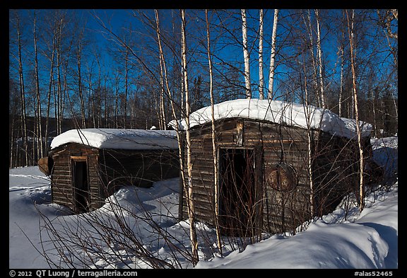 Cabins with gold dredging equipment, Chatanika. Alaska, USA (color)
