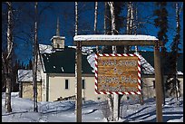 Welcome sign and church. North Pole, Alaska, USA