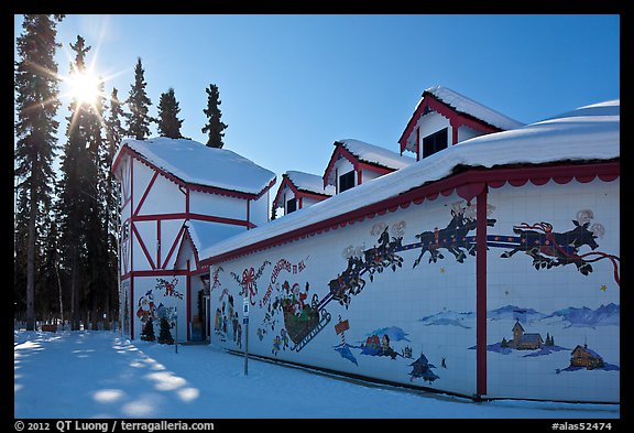 Santa Claus House and sun in winter. North Pole, Alaska, USA