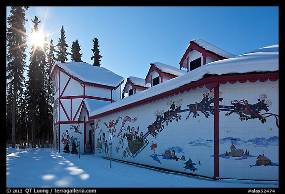 Santa Claus House and sun in winter. North Pole, Alaska, USA (color)