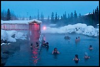 Popular outdoor hot springs, winter twilight. Chena Hot Springs, Alaska, USA
