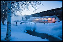 Stream and greenhouse at dawn. Chena Hot Springs, Alaska, USA