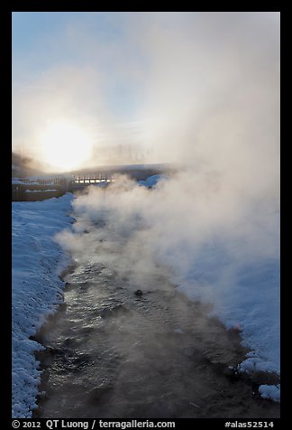 Oulet stream of hot springs and steam at sunrise. Chena Hot Springs, Alaska, USA (color)
