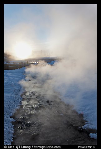 Oulet stream of hot springs and steam at sunrise. Chena Hot Springs, Alaska, USA