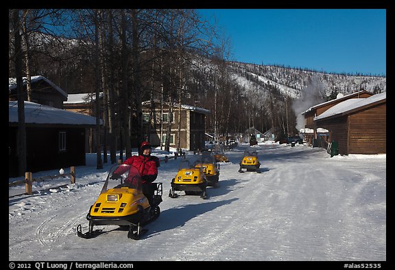 Snowmobiles and resort. Chena Hot Springs, Alaska, USA (color)