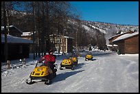 Snowmobiles and resort. Chena Hot Springs, Alaska, USA