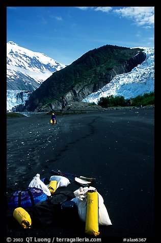 Kayaking gear on Black Sand Beach. Prince William Sound, Alaska, USA