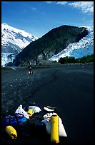 Kayaking gear on Black Sand Beach. Prince William Sound, Alaska, USA