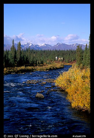 River and cabin, Denali Highway. Alaska, USA