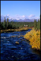 River and cabin, Denali Highway. Alaska, USA