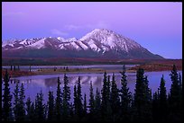 Purple mountains and lake at dusk. Alaska, USA