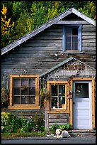 Dog in front of house in Copper Center. Alaska, USA (color)