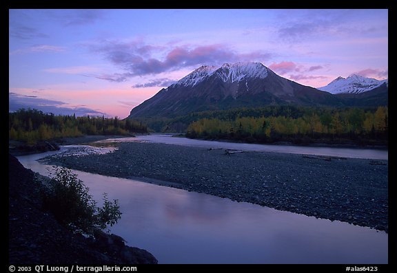 Matanuska River and Chugach mountains at sunset. Alaska, USA