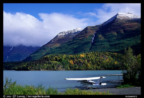 Floatplane, Lake, and mountains. Alaska, USA (color)