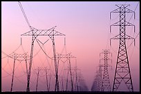 High voltage power lines at dusk. California, USA (color)