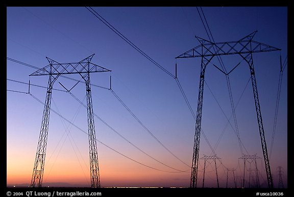 High tension power lines at sunset. California, USA (color)