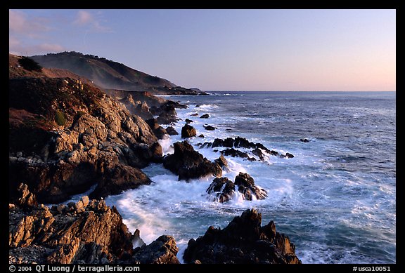 Surf and rocks at sunset, near Rocky Cny Bridge, Garapata State Park. Big Sur, California, USA