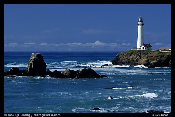 Pigeon Point Lighthouse and rocks, morning. San Mateo County, California, USA (color)