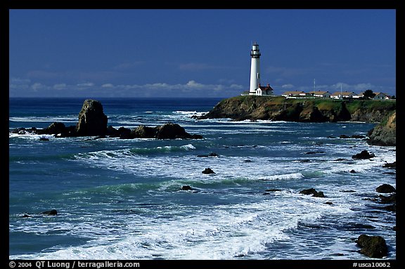 Pigeon Point Lighthouse and waves, morning. San Mateo County, California, USA