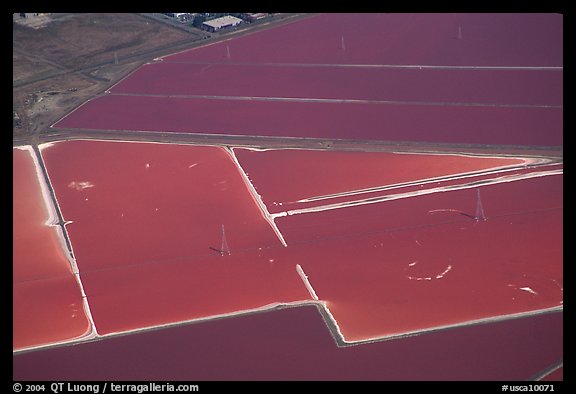 Aerial view of salt pond colorful patches. Redwood City,  California, USA