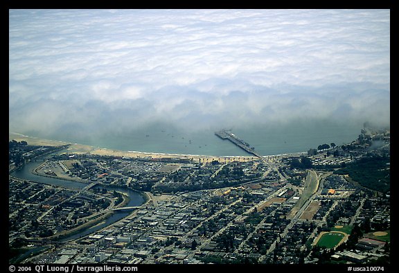 Aerial view of Santa Cruz with fog-covered ocean. Santa Cruz, California, USA (color)