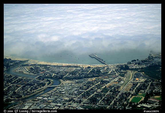 Aerial view of Santa Cruz with fog-covered ocean. Santa Cruz, California, USA