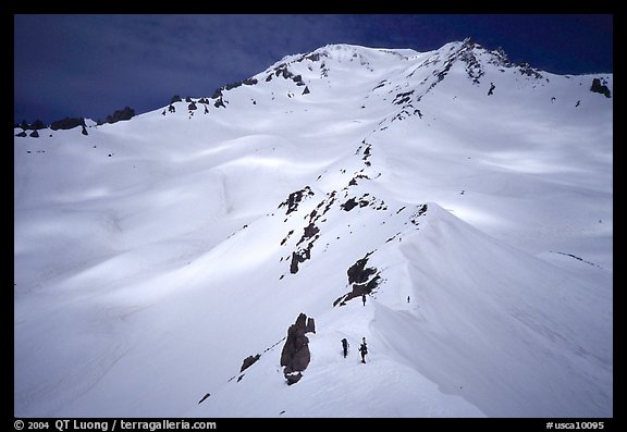 Mount Shasta with climbers on Green Ridge. California, USA