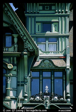 Detail of the Carson Mansion facade. California, USA (color)