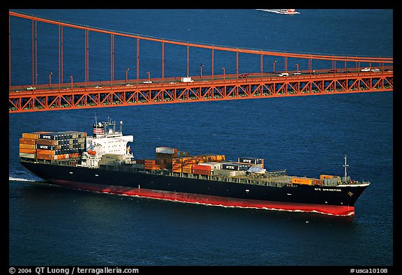 Container ship cruising under the Golden Gate Bridge. San Francisco, California, USA