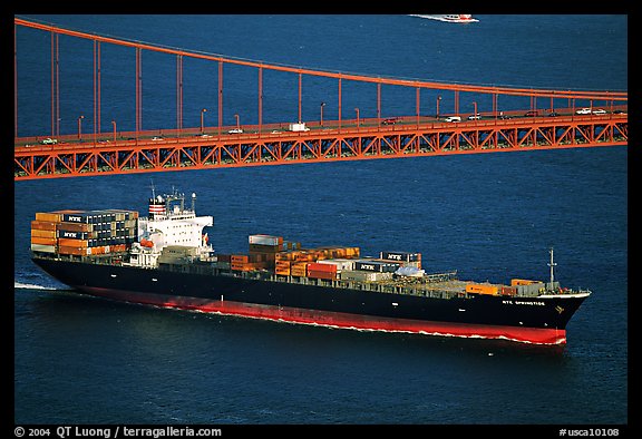 Container ship cruising under the Golden Gate Bridge. San Francisco, California, USA (color)