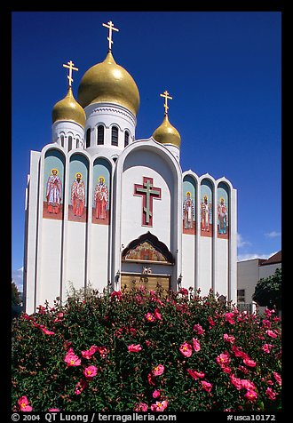 Russian Orthodox Cathedral with a foreground of flowers. San Francisco, California, USA