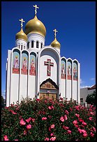 Russian Orthodox Cathedral with a foreground of flowers. San Francisco, California, USA