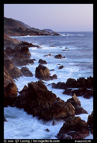 Coastline with pointed rocks and surf, sunset, Garapata State Park. Big Sur, California, USA