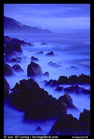 Rocks and surf at Blue hour, dusk, Garapata State Park. Big Sur, California, USA (color)