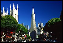 Cathedral and Transamerica Pyramid, North Beach, afternoon. San Francisco, California, USA