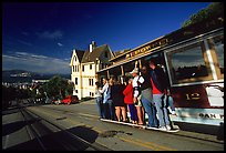 Cable car and Tudor house, Hyde Street, late afternoon. San Francisco, California, USA