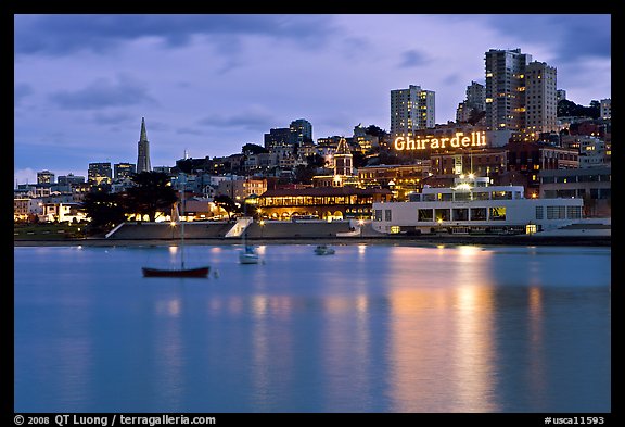 Aquatic Park, Ghirardelli Square, and skyline at dusk. San Francisco, California, USA