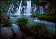 Grasses, stream and wide waterfall, Burney Falls State Park. California, USA