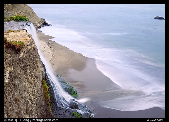 Alamere Falls, beach, and surf. Point Reyes National Seashore, California, USA (color)