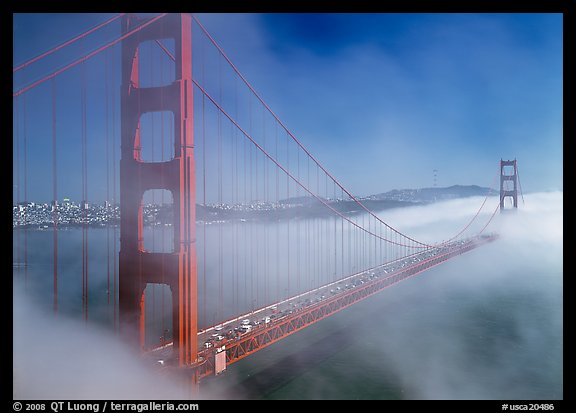 Golden Gate Bridge in Fog seen from Battery Spencer. California, USA (color)