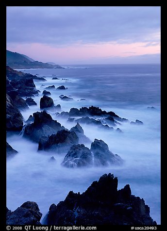 Rocks and surf near Rocky Cny Bridge, Garapata State Park, dusk. California, USA (color)