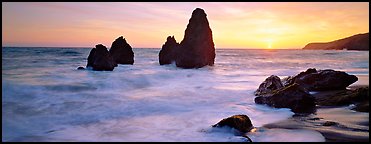 Sea stacks and setting sun, Rodeo Beach. California, USA (Panoramic color)