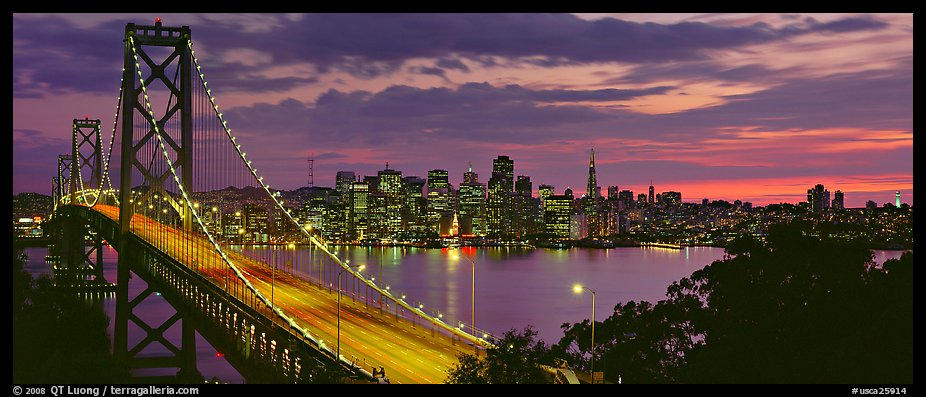 San Francisco cityscape and Bay Bridge at sunset. San Francisco, California, USA (color)