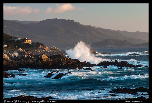 Coastline and Big wave, late afternoon, seventeen-mile drive. Pebble Beach, California, USA (color)