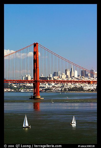 Sailboats, Golden Gate Bridge with city skyline, afternoon. San Francisco, California, USA