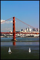 Sailboats, Golden Gate Bridge with city skyline, afternoon. San Francisco, California, USA