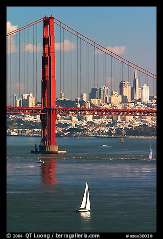 Sailboat, Golden Gate Bridge, and  city skyline, afternoon. San Francisco, California, USA