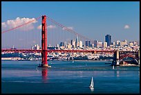 Sailboat, Golden Gate Bridge with city skyline, afternoon. San Francisco, California, USA (color)