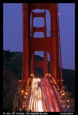 Traffic on Golden Gate Bridge at dusk. San Francisco, California, USA